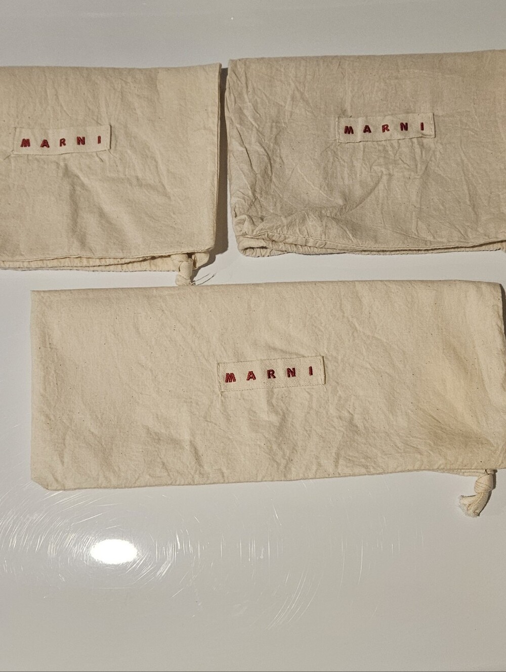 Marni Beige Canvas Drawstring Dust Bags with Red Logo- Set of 3